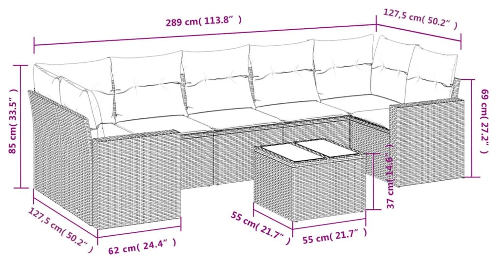 Set divani da giardino con cuscini 8 pz nero in polyrattan