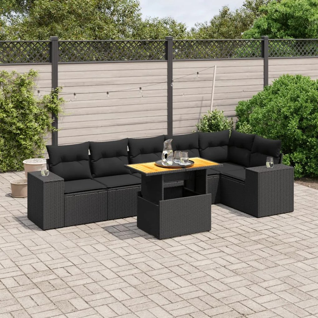 Set Divani da Giardino con Cuscini 7pz Nero Polyrattan