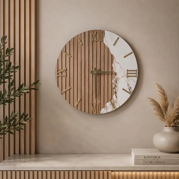 Orologio in legno 60 cm effetto cannettato e marmo bianco
