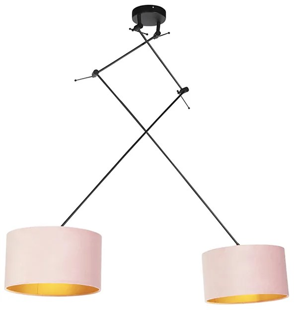 Lampada a sospensione nera con paralumi in velluto rosa e oro 35 cm 2 luci - Blitz