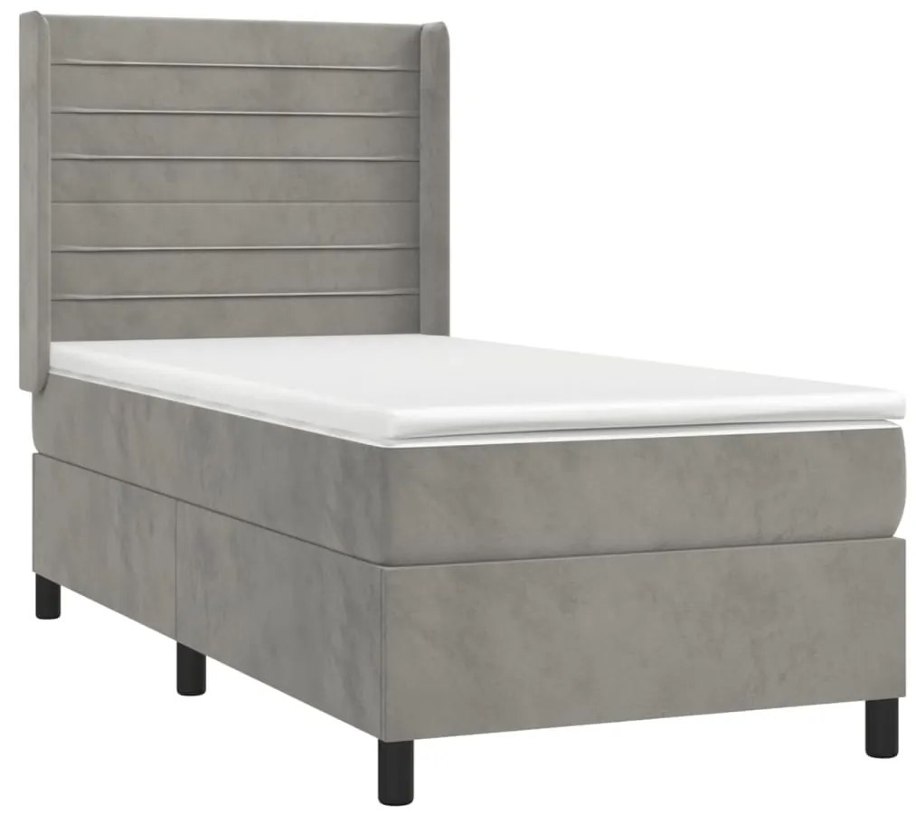 Letto a molle materasso e led grigio chiaro 100x200 cm velluto