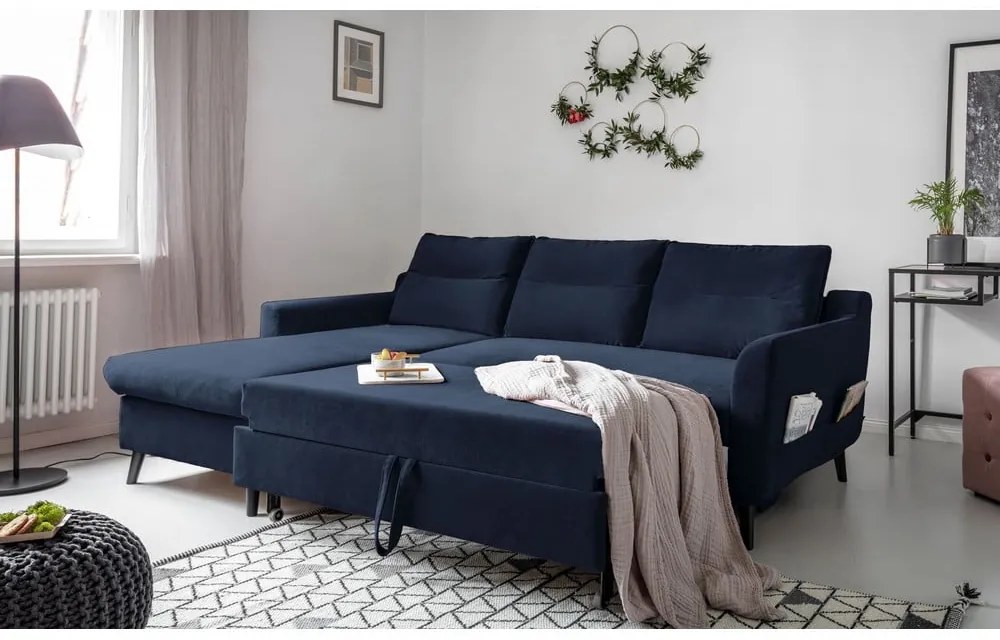 Divano letto angolare in velluto blu scuro, angolo sinistro Stylish Stan - Miuform