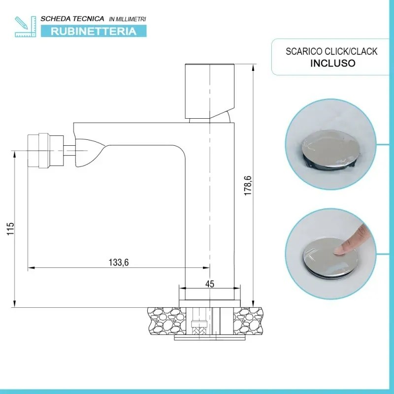 Miscelatore bidet in ottone color nichel con piletta click clack Lotus