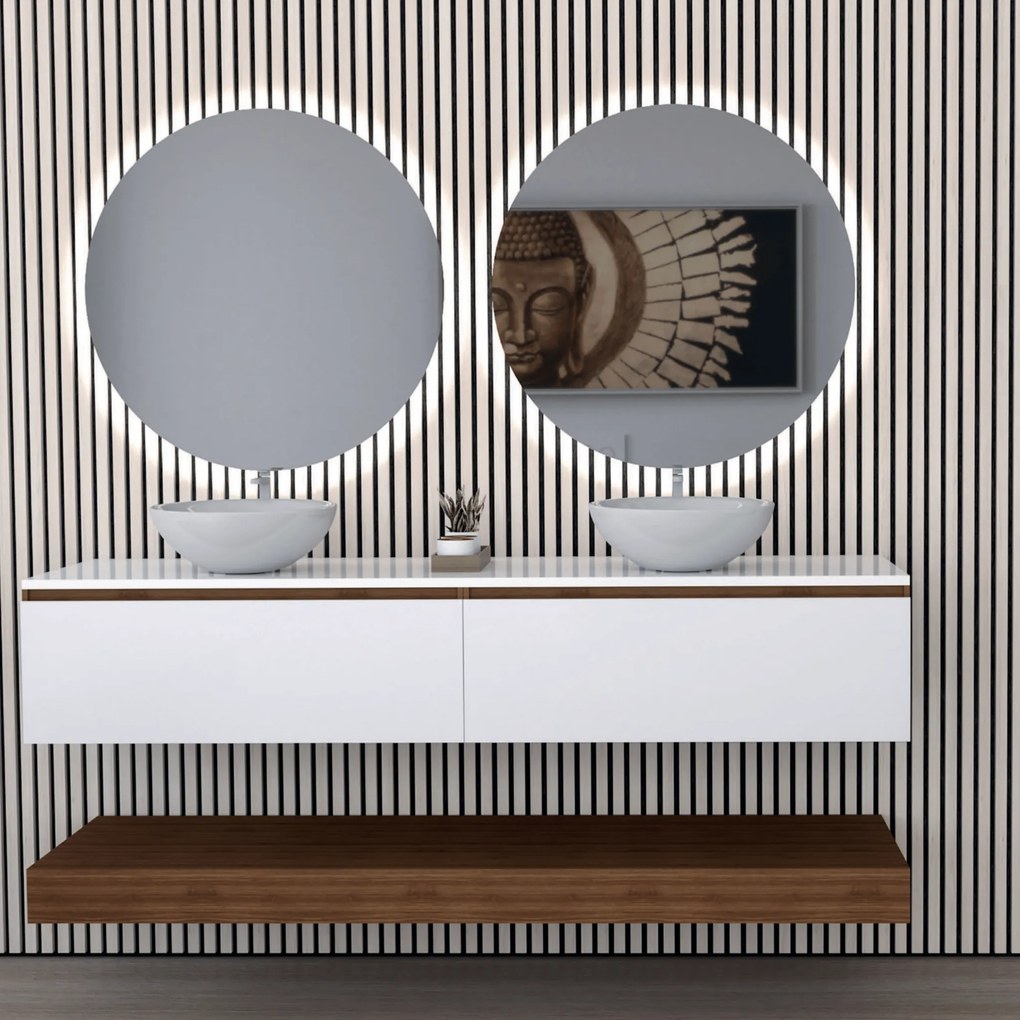 Mobile Bagno Sospeso 160 Cm Due Cassetti Specchi Retroilluminati Diametro 70 Cm Esseci Arredo Bagno "Vietri 2"