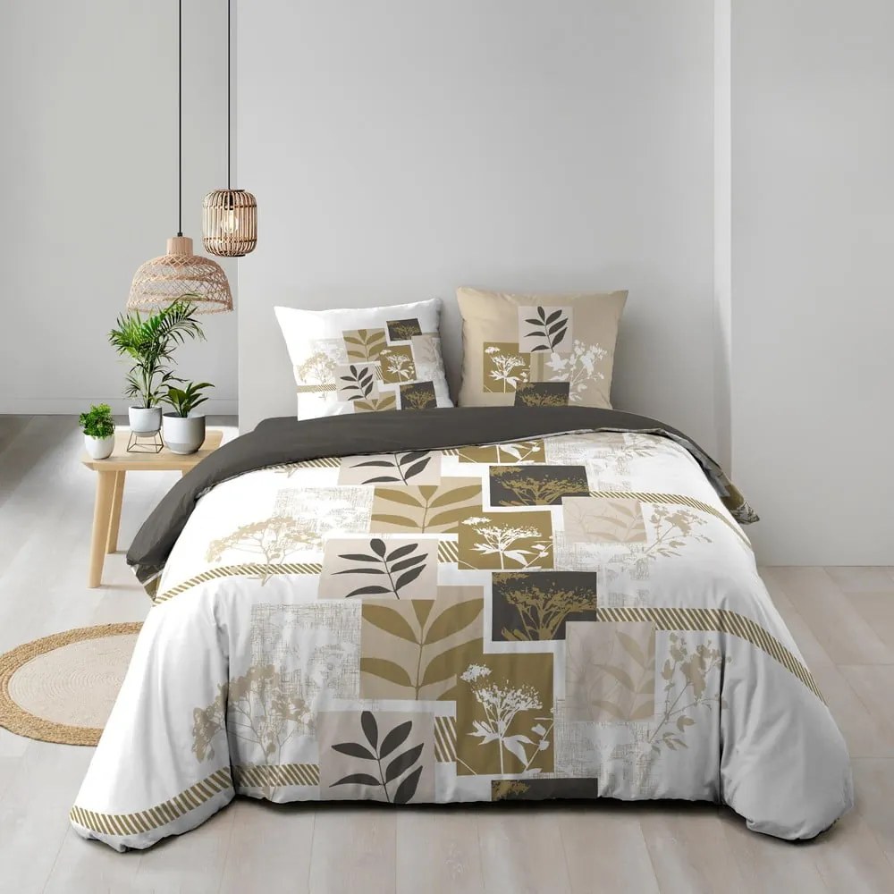 Set copripiumino e federa bianco/marrone in cotone per letto matrimoniale ed esteso 240x220 cm Utopia – douceur d'intérieur