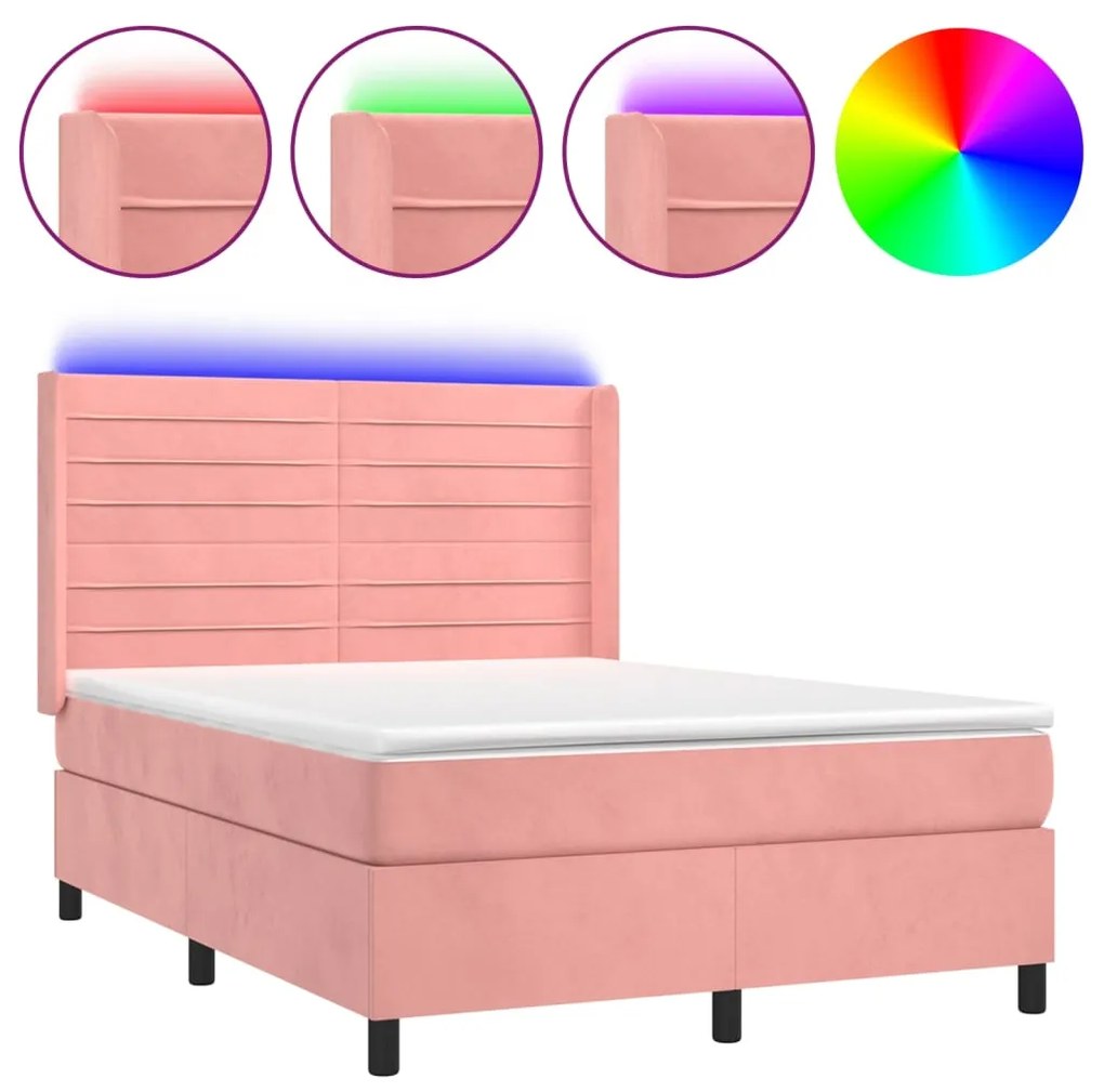 Letto a molle con materasso e led rosa 140x200 cm in velluto