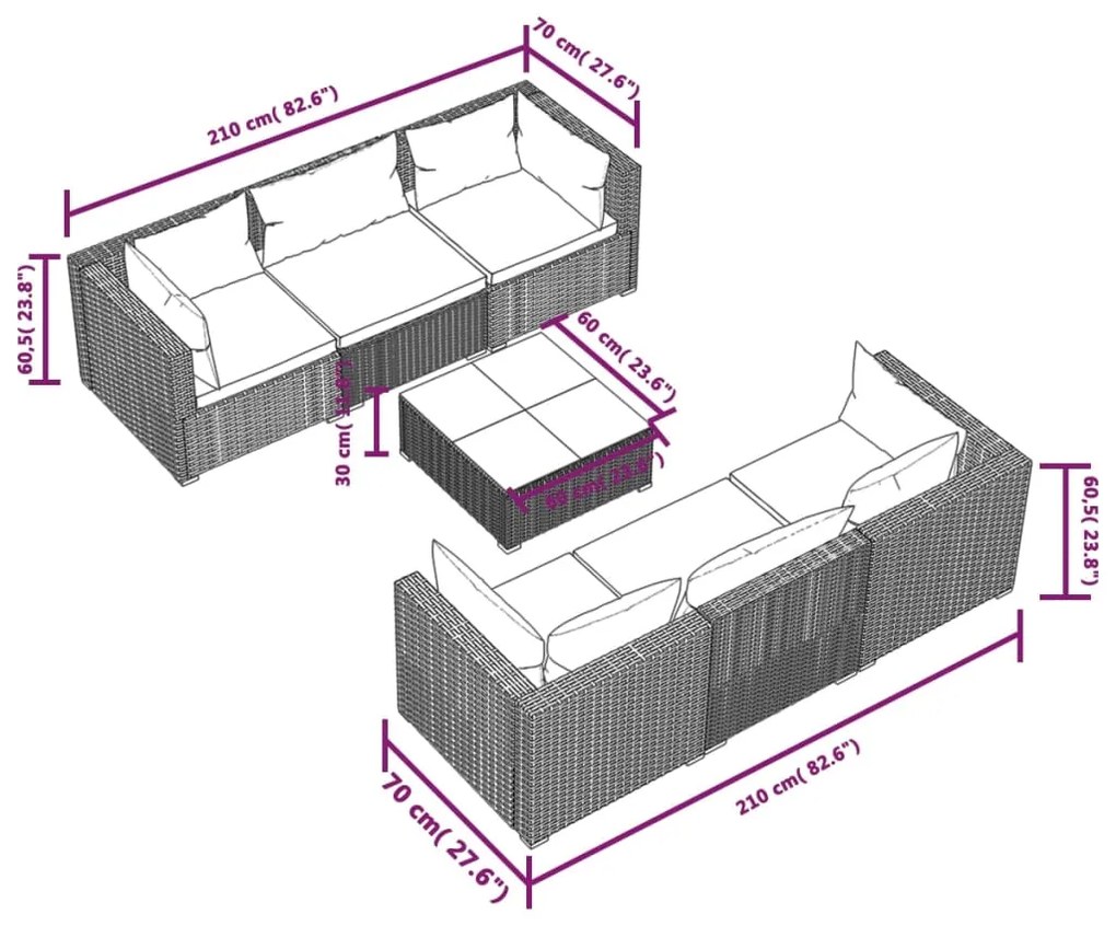 Set Divani da Giardino 7 pz con Cuscini in Polyrattan Nero