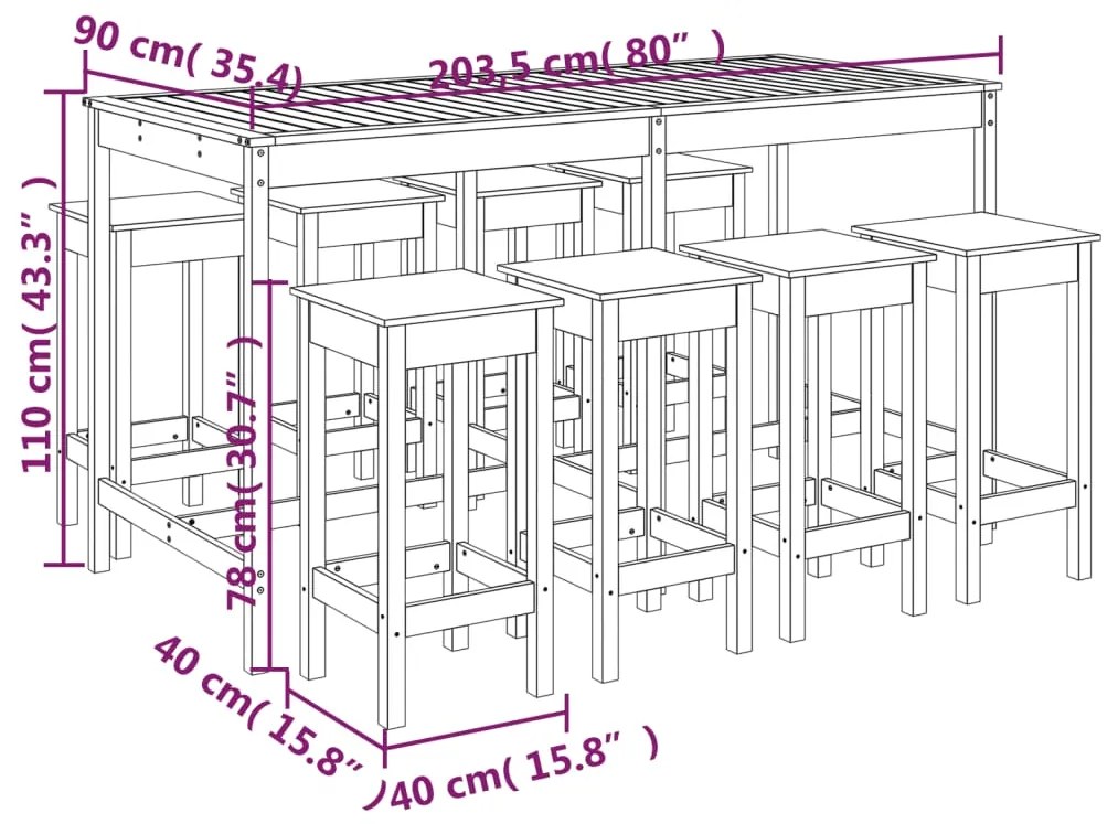 Set Bar da Giardino 9 pz Nero in Legno Massello di Pino