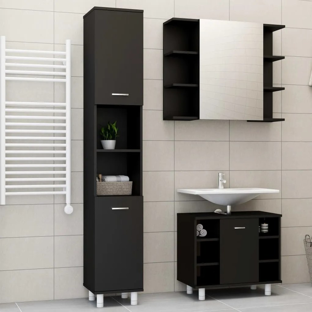 Set mobili da bagno 3 pz nero in truciolato