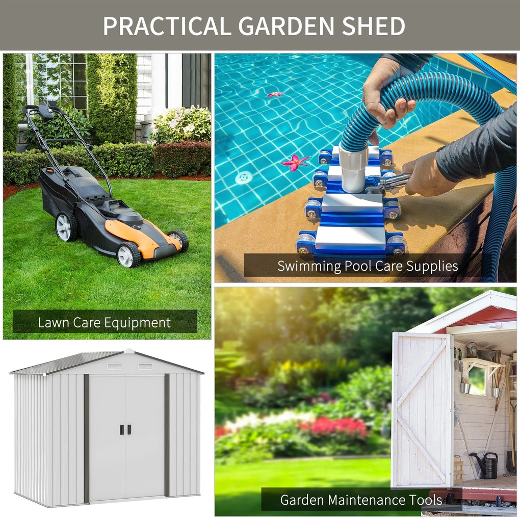 Casetta Box da Giardino Porta Utensili 213x130x185 cm con Porte Scorrevoli in Acciaio Bianco...