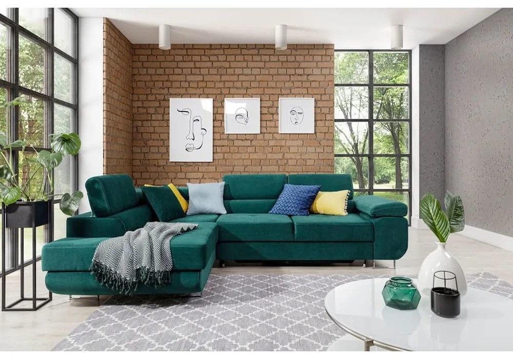 Divano angolare verde allungabile/con contenitore (con penisola a sinistra/a L) e rivestimento in velluto Anton – ELTAP