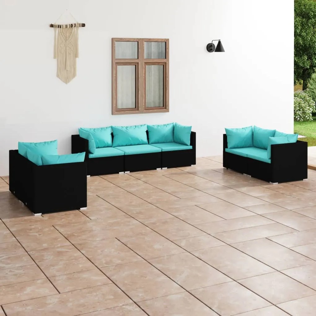 Set divani da giardino 7 pz con cuscini in polyrattan nero