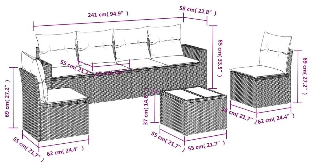 Set divani da giardino 7pz con cuscini grigio chiaro polyrattan