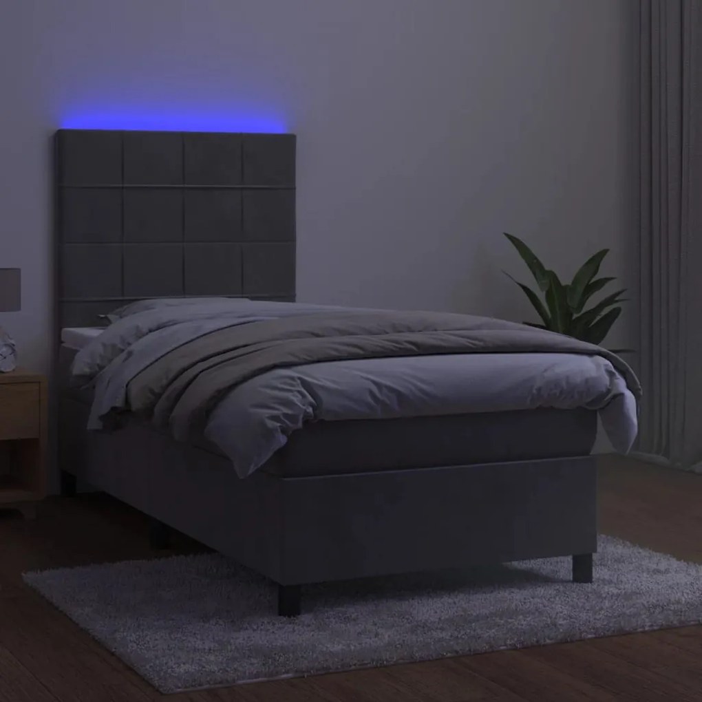 Letto a molle materasso e led grigio chiaro 90x190 cm velluto