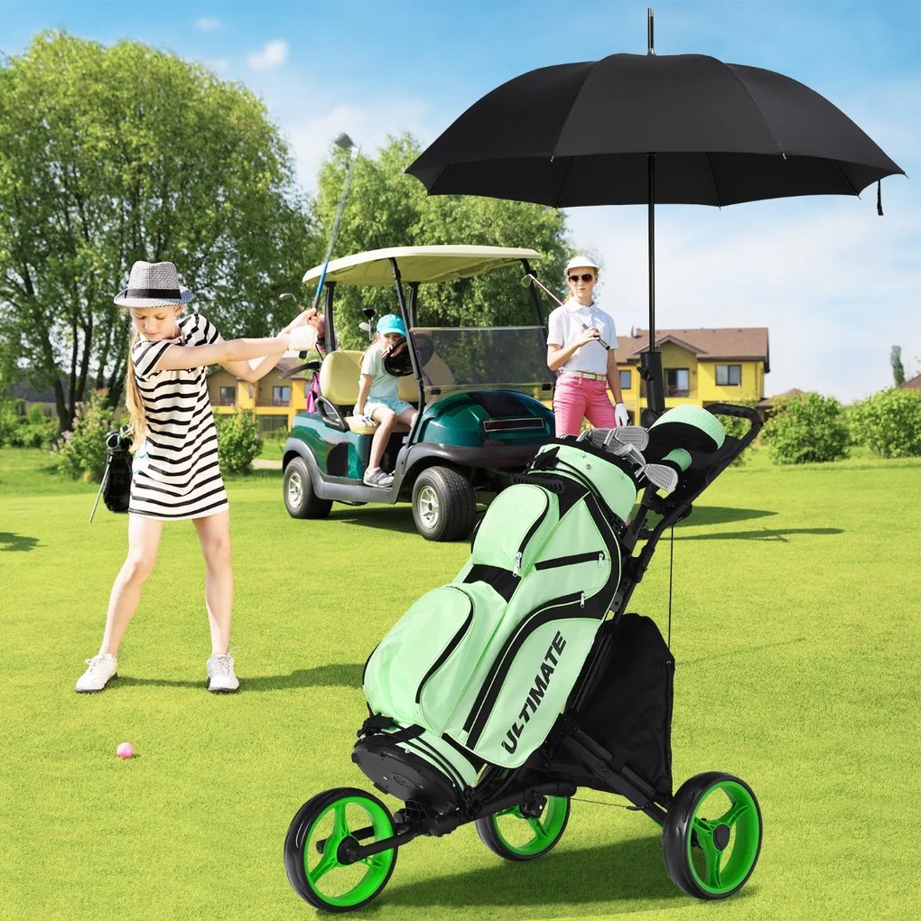 Costway Carrello da golf a spinta con 3 ruote, Carrello pieghevole con borsa rivestita in alluminio cinghia Verde