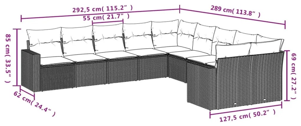 Set divani da giardino 10pz con cuscini in polyrattan nero