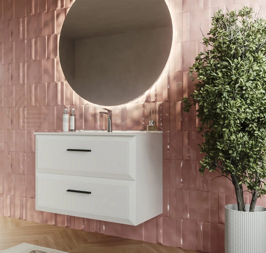 Mobile bagno bianco opaco 80x45 Praga due cassetti soft close con lavabo in ceramica