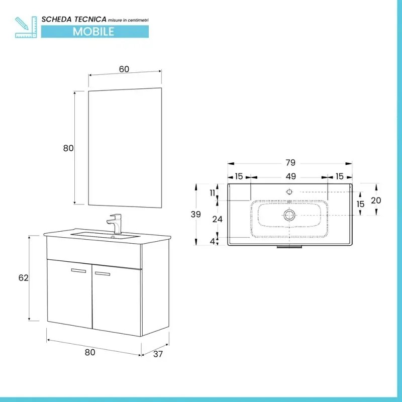 Mobile bagno sospeso 80 cm grigio in legno nobilitato melaminico con due ante, lavabo e specchio