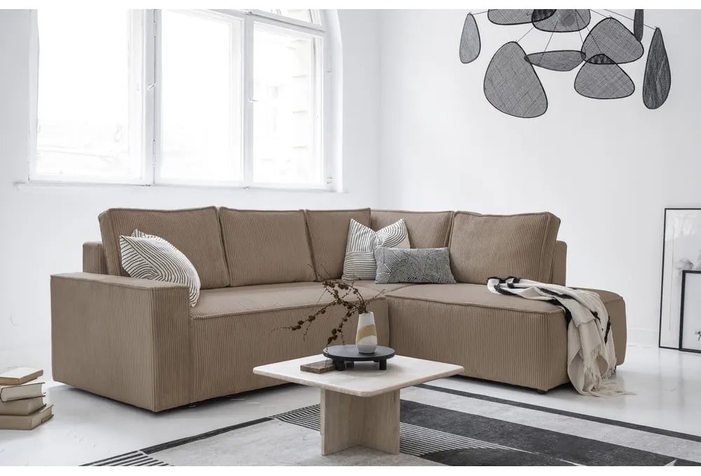 Divano letto angolare in velluto a coste beige Brave Dave - Miuform