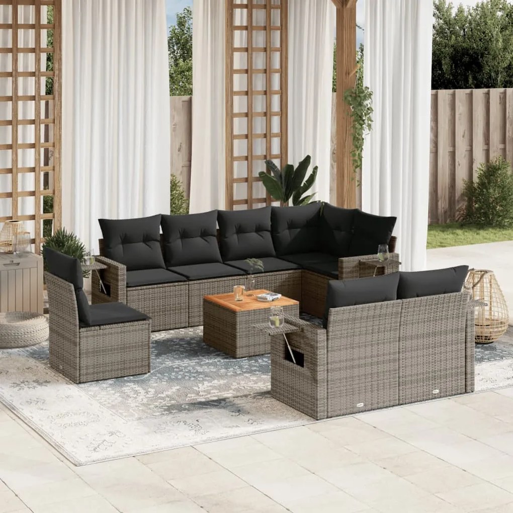 Set divano da giardino 9 pz con cuscini grigio in polyrattan