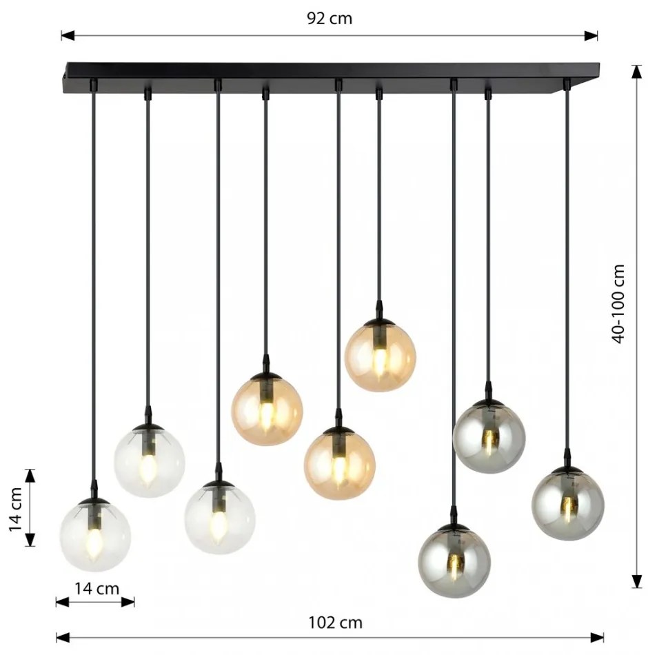 Lampadario a Sospensione in Acciaio e Vetro COSMO 9 Nero 9xE14 Colore delle Sfere Grafite, Trasparente, Ambrata