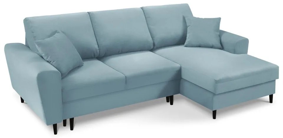 Divano angolare azzurro allungabile e con contenitore (con penisola a destra/con chaise lounge) con rivestimento in velluto a coste Kyoto – Cosmopolitan Design