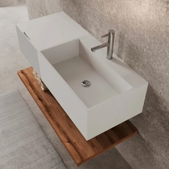 Lavabo 60 cm con cassetto laterale 40 cm bianco specchio e mensola inferiore Rovere - Itaca