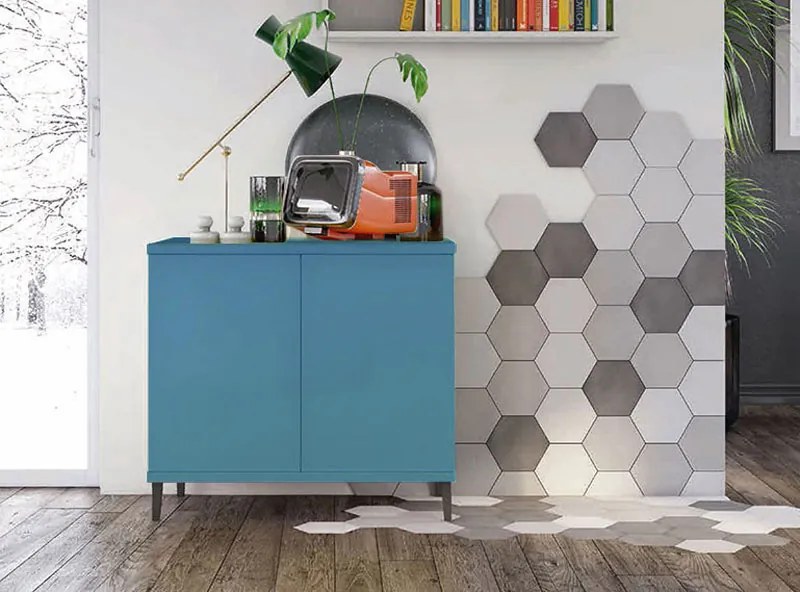 Madia moderna 2 ante con piedini in titanio, finitura Blu egeo
