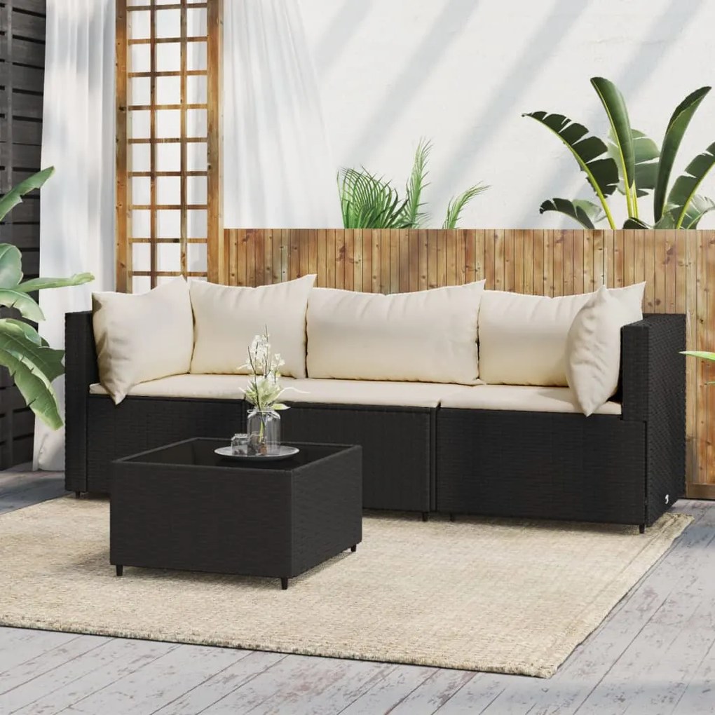 Set Divani da Giardino 4 pz con Cuscini Nero in Polyrattan