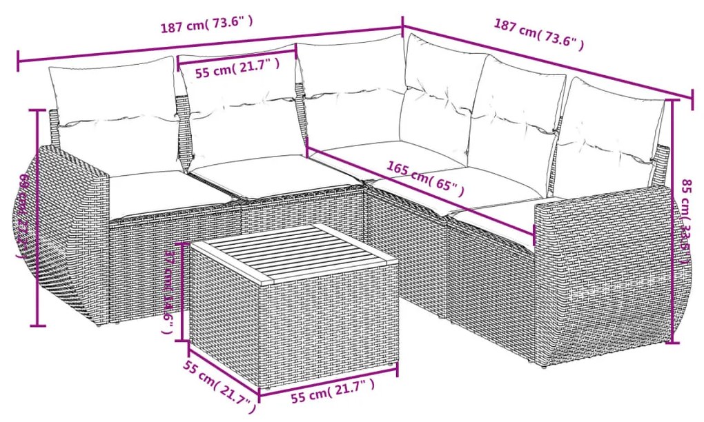 Set Divano da Giardino 6 pz con Cuscini Nero in Polyrattan