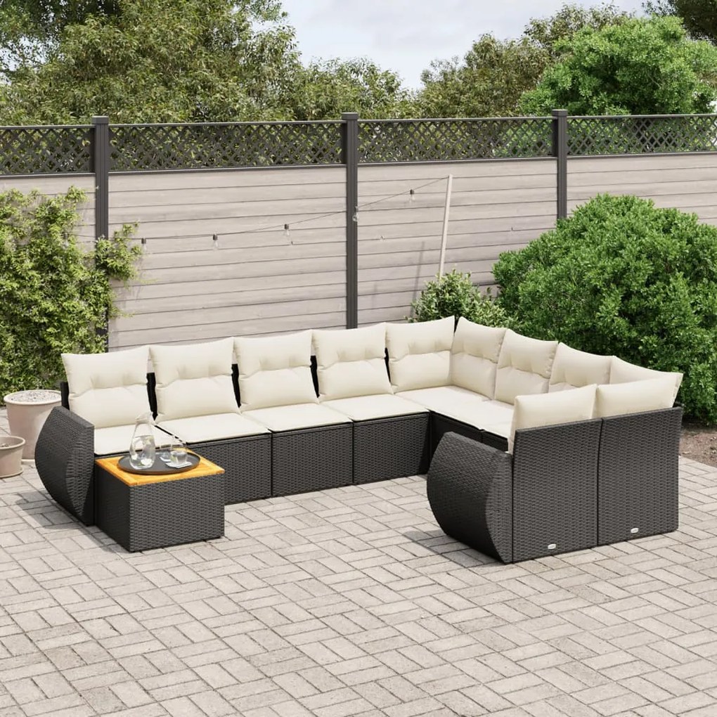 Set divani da giardino 10pz con cuscini in polyrattan nero