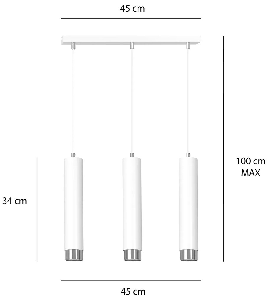Lampadario 3 Luci Brunilde In Acciaio Bianco E Tubolari In Bianco E Cromo