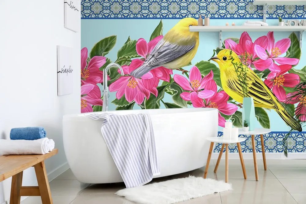 Carta da parati – Uccellini e fiori in stile vintage