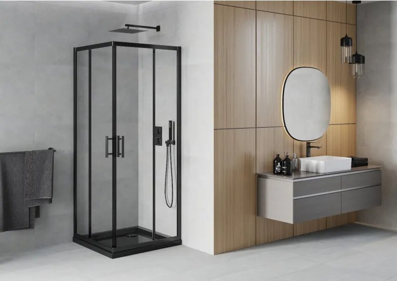 Mexen Rio cabina doccia quadrata 80 x 80 cm, trasparente, nera + piatto Flat, nero - 860-080-080-70-00-4070B