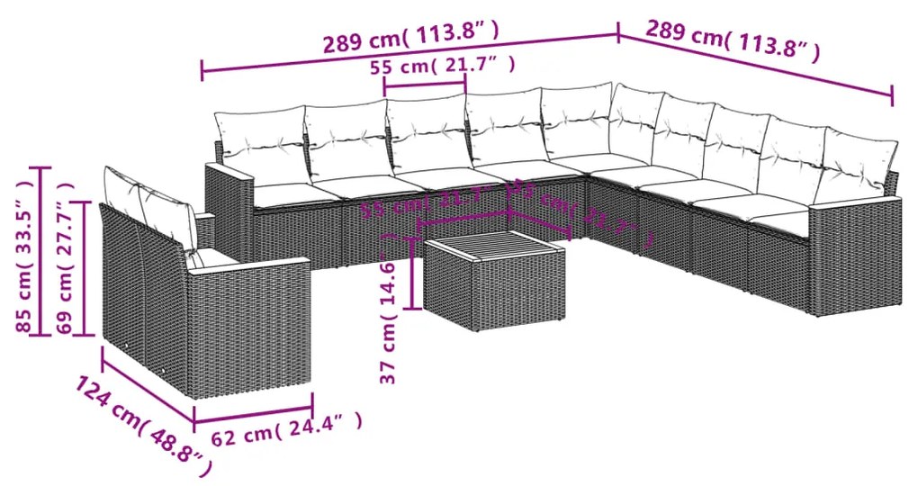 Set Divani da Giardino 12 pz con Cuscini Nero in Polyrattan