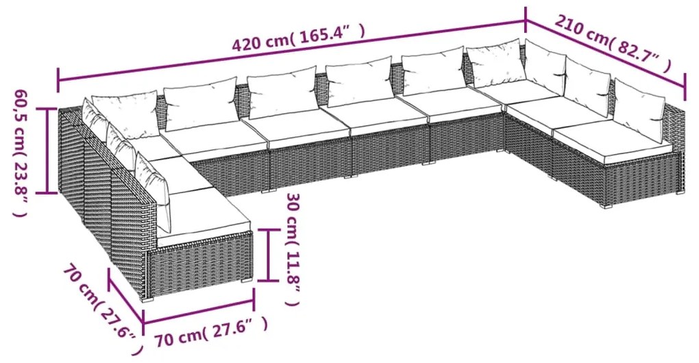 Set Divani da Giardino 10 pz con Cuscini in Polyrattan Marrone