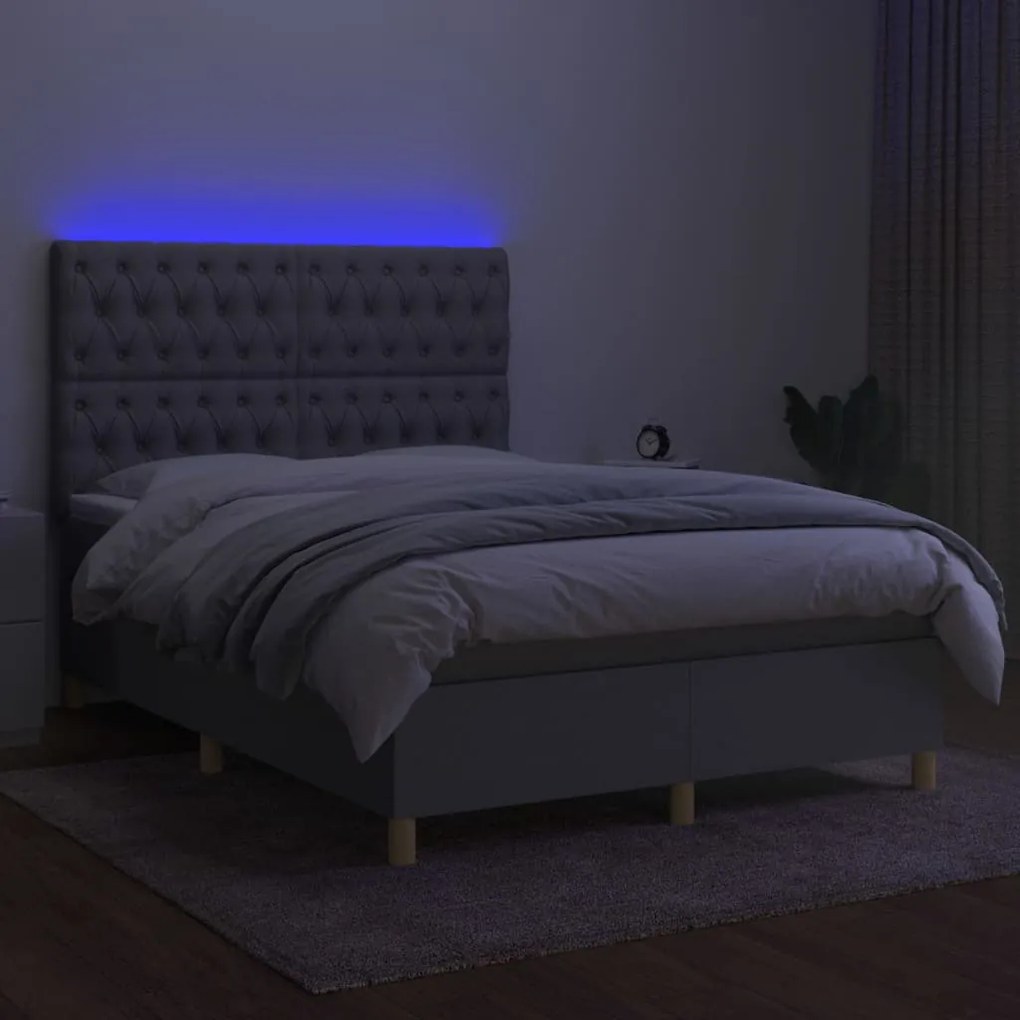 Letto a molle materasso e led grigio chiaro 140x200 cm tessuto