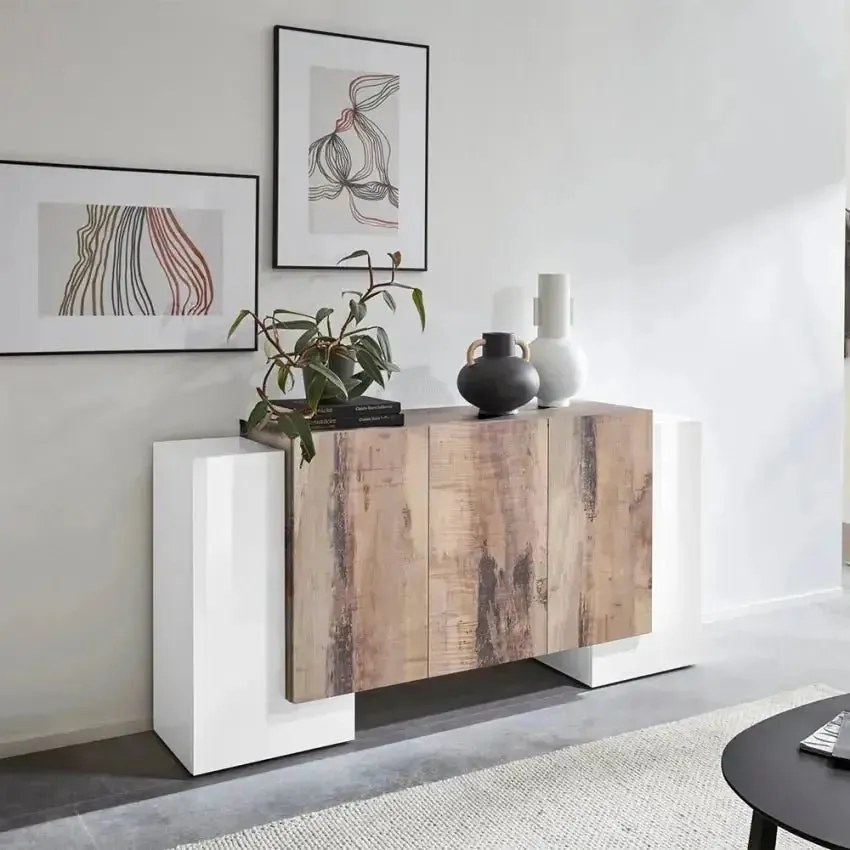 Credenza moderna Pillon con 2+3 ante battenti in bianco acero pereira