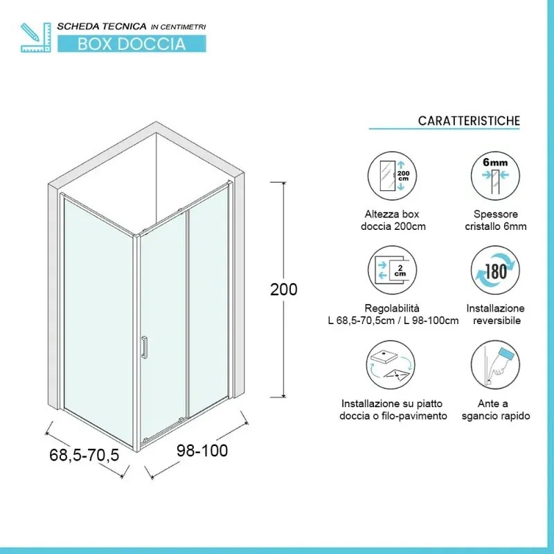Box doccia angolare 70x100 cm scorrevole in cristallo trasparente Ted
