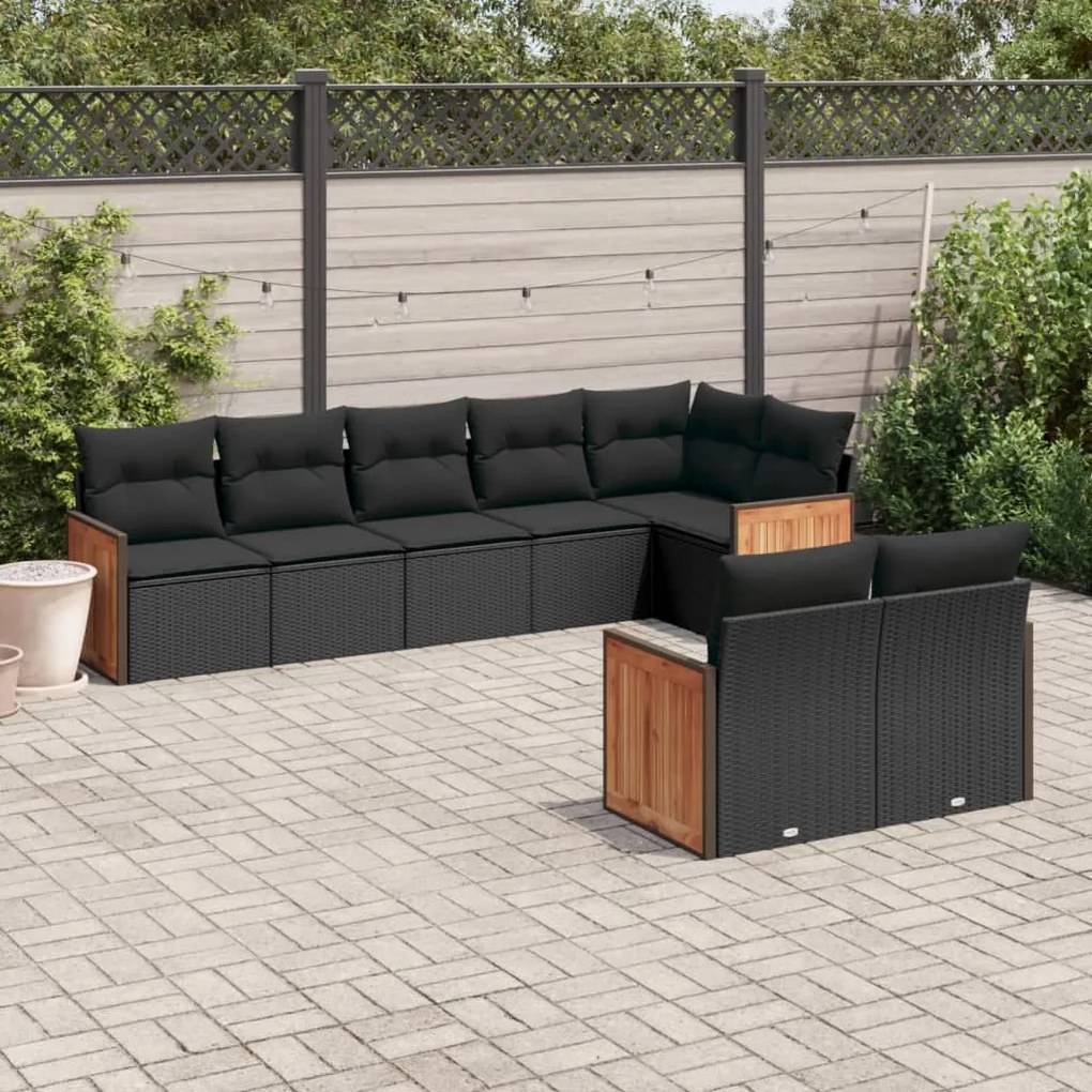 Set divani da giardino con cuscini 8 pz nero in polyrattan