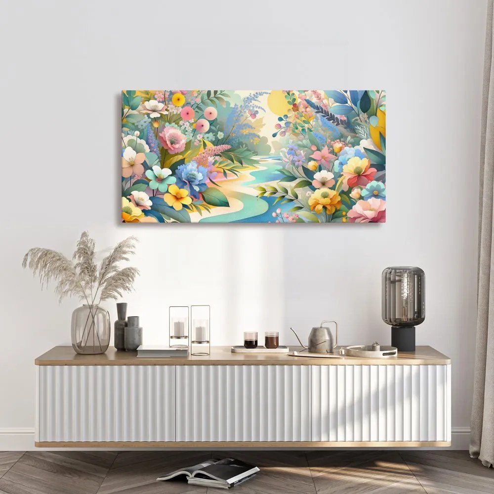 Quadro su tela – Fiori primaverili vicino al fiume