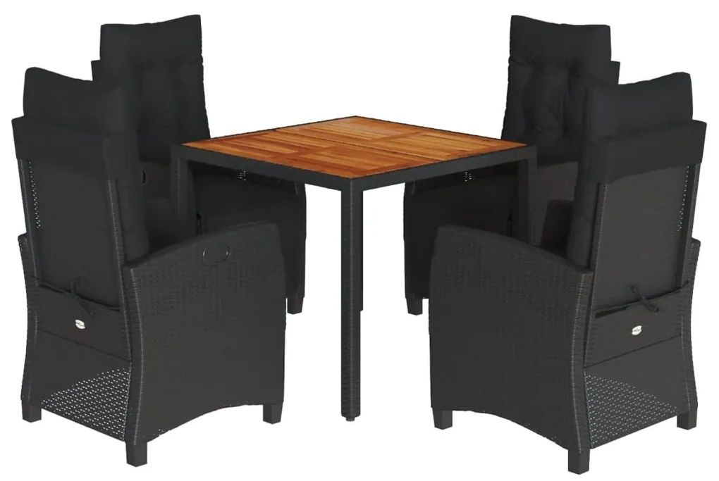 Set da pranzo da giardino 5 pz nero con cuscini in polyrattan