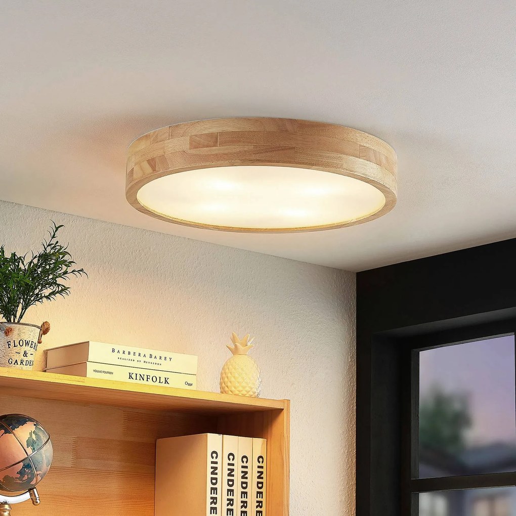 Plafoniera soffitto Tanju Lindby, dimmerabile, Legno chiaro, Soggiorno / Sala da pranzo, Legno, Campagna / Rustiche, Plafoniera