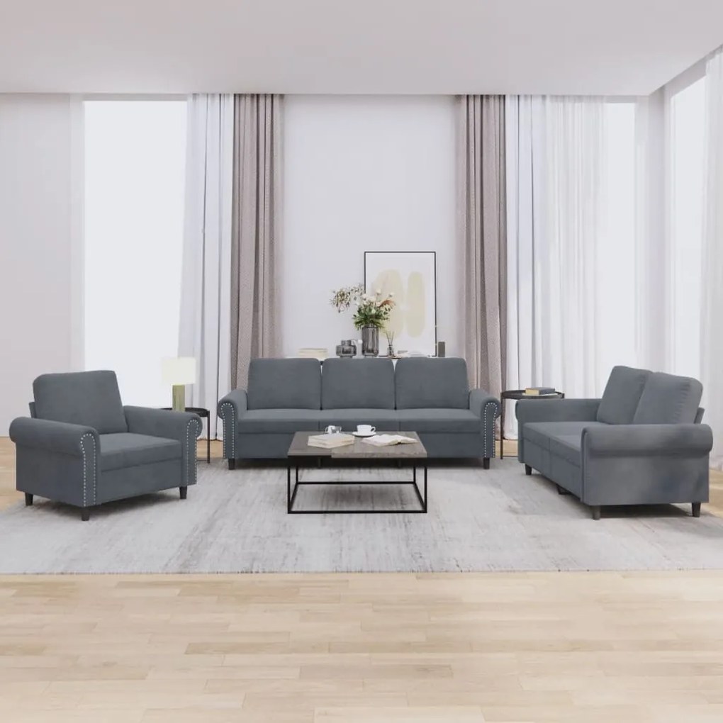 Set Di Divani 3 Pz Con Cuscini Grigio Scuro İn Velluto /