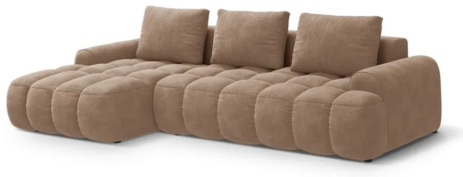 Divano angolare marrone chiaro allungabile/con contenitore (con penisola a sinistra/con chaise lounge) con rivestimento in velluto Linz – Cosmopolitan Design