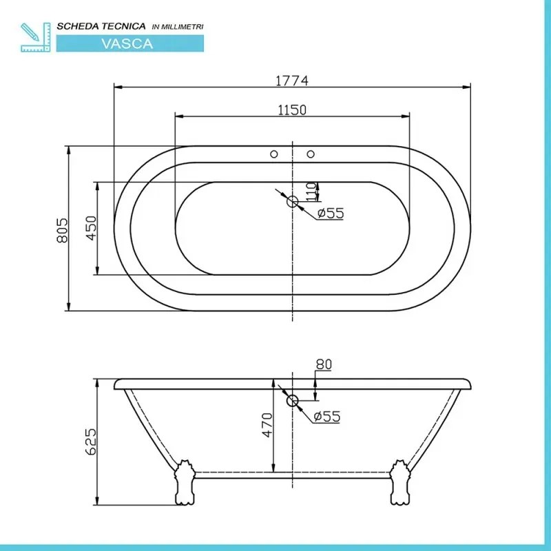 Vasca da bagno freestanding classica 177x80 Piedini cromo a zampa daquila regolabili Victoria