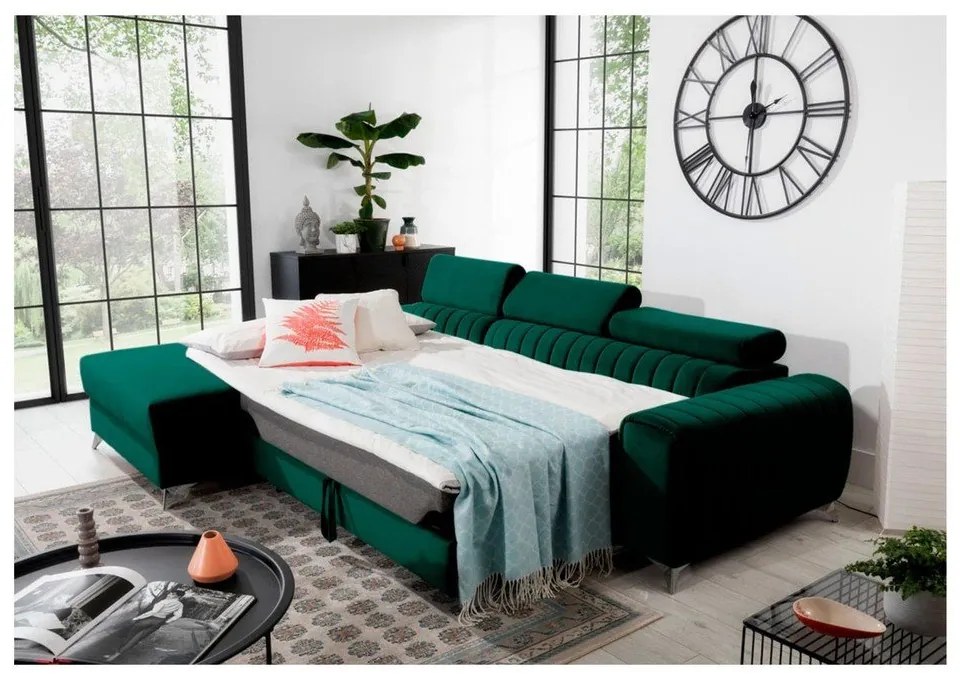 Divano angolare verde allungabile/con contenitore (con penisola a sinistra/con chaise lounge) e rivestimento in velluto Grayson – ELTAP