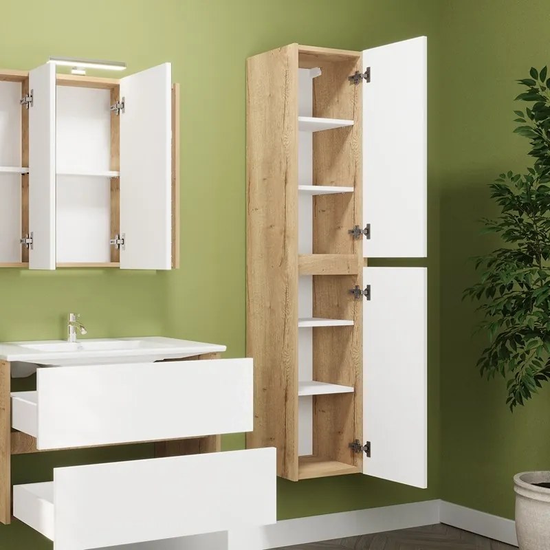 Colonna bagno sospesa 166 cm colore rovere naturale e bianco lucido | LAC-AMFI-RB - KAMALU