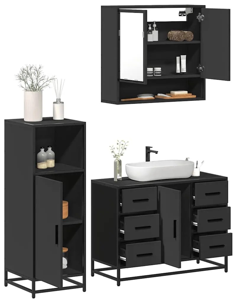 Set Mobili Da Bagno 3 Pz Nero İn Legno Multistrato /