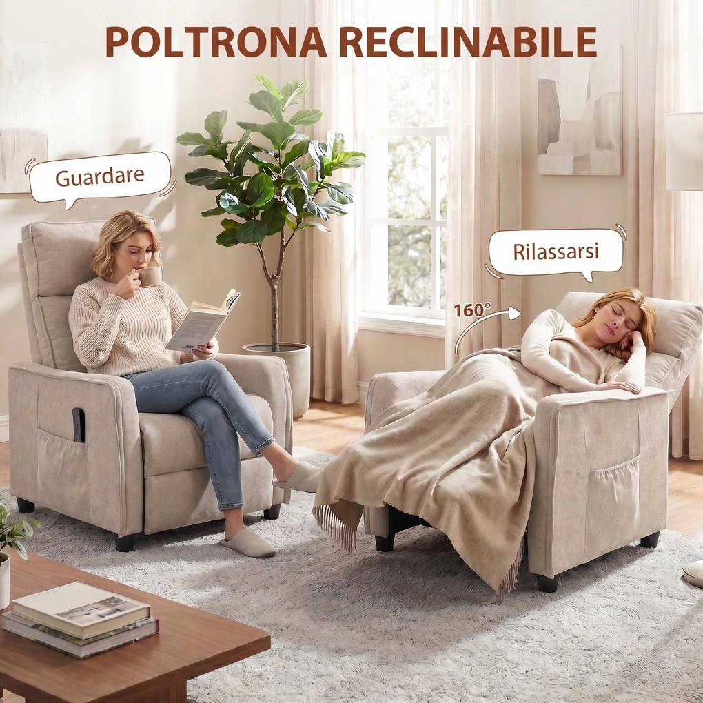 Poltrona Massaggiante 69x93x104 cm Reclinabile a 160° con Poggiapiedi e Telecomando Effetto Lino Bianco Crema...